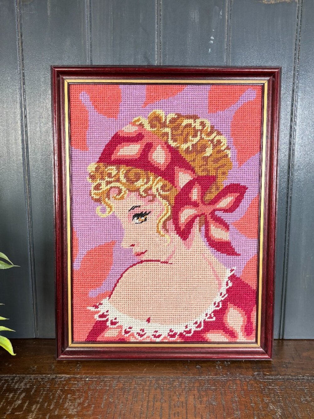 Vintage Art Deco Style Pink Portrait Needlepoint, Finished and Framed Embroidery